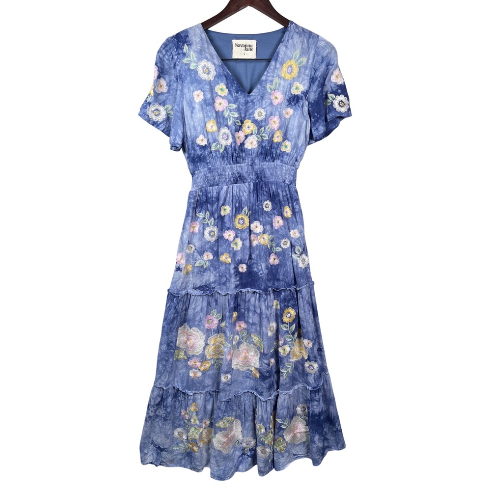 Savanna Jane Maxi Dress Women Small Blue Tie Dye Floral Embroidered Smocked Boho